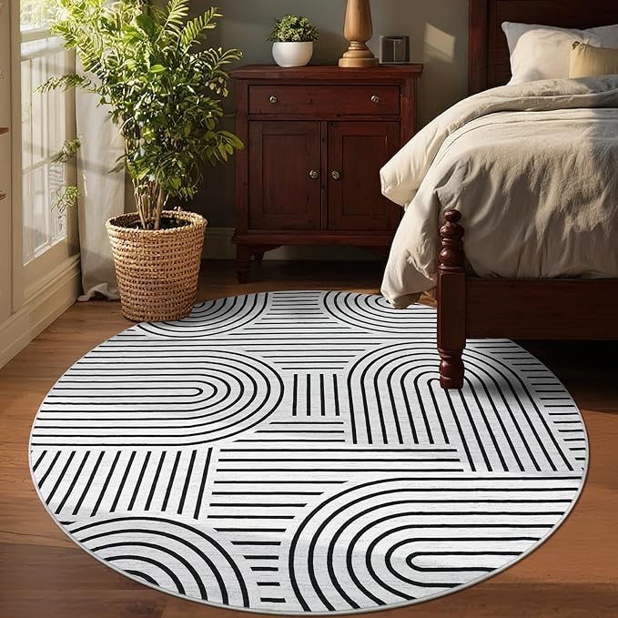 Washable Rug 6ft Area Rugs for Living Room, Abstract Rug for Bedroom, Soft Rainbow Non Slip Throw Rugs with Rubber Back, Low Pile Stain Resistant Boho Geometric Carpet for Dining Room,Blackwhite