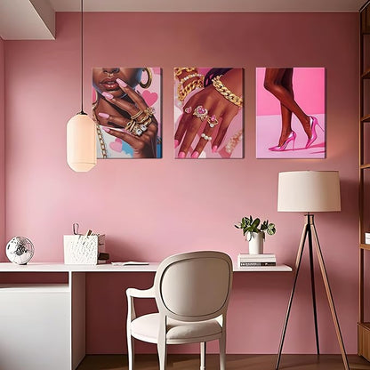 Framed Pink Black Girl Wall Art Set of 3, African American Black Women Canvas Prints Poster, Fashion Gorgeous Girl Paintings Pictures Artwork for Bathroom Bedroom Living Room Wall Decor 12x16 Inch
