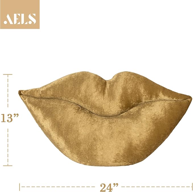 AELS 3D Large Lips Throw Pillows Smooth Soft Velvet Decorative Throw Pillows Love Pillows Cute Pillow 24 X 12 inches for Couch Sofa Bed Living Room Bedroom, Gold