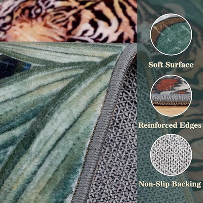 Tiger Washable Area Rugs 6x9 Green, Boho Accent Jungle Rugs for Living Room, Soft Bedroom Area Carpet, Thin Botanical Floor Carpets for Dining Room Nursery Dorm Kids Playroom Farmhouse Office