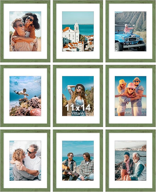 Vittanly 11x14 Picture Frames Set of 9, Shatter Resistant Plexiglass, Display 8x10 Pictures with Mat or 11x14 without Mat, Photo Frames for Wall or Tabletop, Engineered Wood, Rustic Green