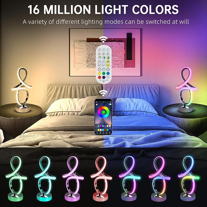EIDISUNY Modern RGB Table Lamps, Multicolor Changing Spiral Bedside Lamp with Remote&APP, Cool Table Lamp, Dimmable LED Nightstand Lamp with Music Rhythm Modes for Bedroom, Living Room, Black(2 Pack)
