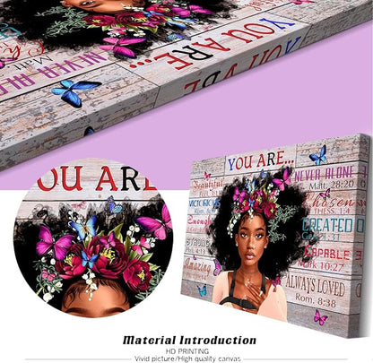 WOWGOOMO Vintage African American Women Wall Art Fashion Black Girl Portrait Canvas Pictures You Are Bible Quotes Poster for Living Room Bedroom Home Office Framed Inspirational Gift for Women 20"x24"