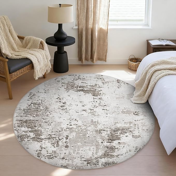 ROYHOME Modern Abstract 6x6 Round Area Rug Non Slip Non Shedding Rug Low Pile Stain Resistant for Bedroom Living Room Office Dining Room,Taupe/Beige