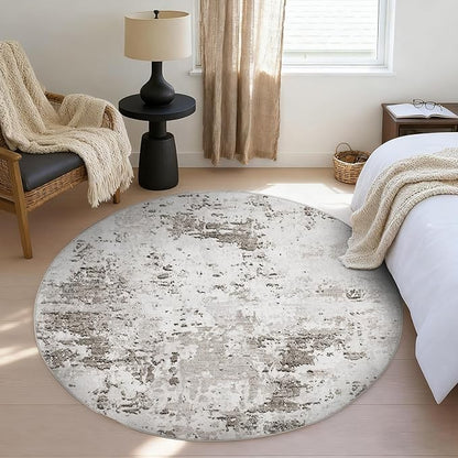 ROYHOME Modern Abstract 8x8 Round Area Rug Non Slip Non Shedding Rug Low Pile Stain Resistant for Bedroom Living Room Office Dining Room,Taupe/Beige
