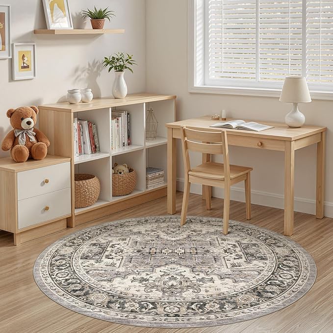 Area Rug for Living Room - 5x5 Soft Machine Washable Oriental Vintage Floral Distressed Large Indoor Floor Carpet for Bedroom Under Dining Table Home Office Decor - Brown