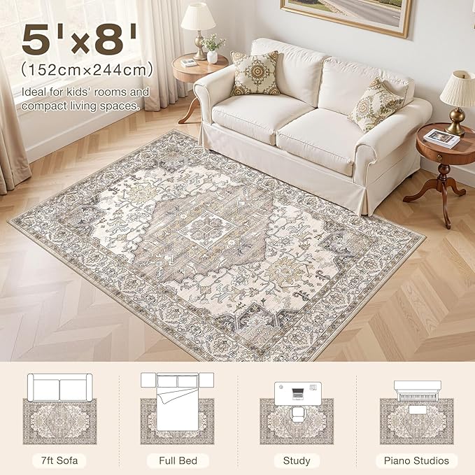 5x8 Washable Area Rugs for Living Room: Non Slip Vintage Brown Rug, Large Soft Stain Resistant Indoor Floor Carpets for Bedroom Dining Room Farmhouse Nursery Home Office Kid & Pet Friendly