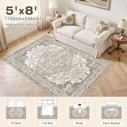 5x8 Washable Area Rugs for Living Room: Non Slip Vintage Brown Rug, Large Soft Stain Resistant Indoor Floor Carpets for Bedroom Dining Room Farmhouse Nursery Home Office Kid & Pet Friendly