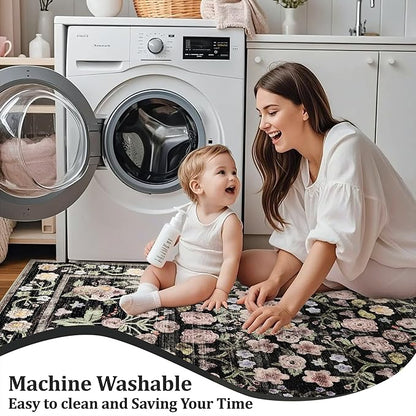 Maxsoft Large Area Rugs for Living Room Bedroom, 5x7 Washable Floral Area Rugs, Non-Slip and Stain Resistant Soft Throw Indoor Carpet for Dining Room Office Kitchen Dorm Home Decor, Black