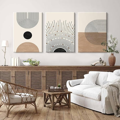 Mid Century Modern Wall Art Set of 3 Neutral Boho Art Prints Abstract Geometric Wall Art Picture Black Beige Terracotta Minimalist Painting Canvas Artwork for Living Room Bedroom 16x24 Inch Wrapped Canvas