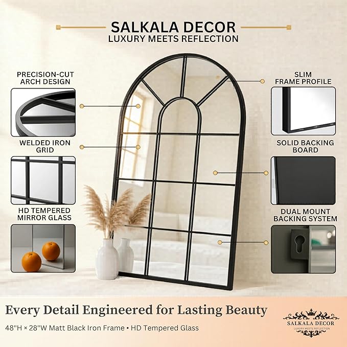 48x28Inch Arched Window Pane Mirror| Black Arched Mirrors for Wall & Floor | Arch Mirror Full Length for Entryway Living Room & Bedroom | Oversized Mirrors | Wall Art Decorative |Farmhouse Décor