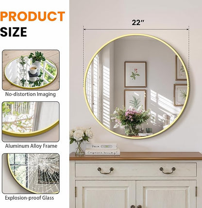 Round Bathroom Mirror for Wall, 22 inch Circle Bathroom Mirrors for Over Sink, Modern Circular Metal Frame for Vanity, Entryway, Bedroom, Living Room(Gold)