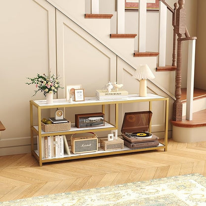 Function Home TV Stand for TVs up to 55 Inch, 3 Tier Entertainment Center, Media Console with Open Storage Shelves for Living Room Bedroom, 47” Modern TV Table with Faux Marble Top Gold Metal Leg