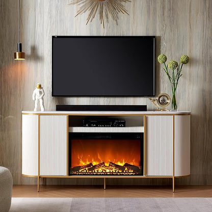 OKD Luxury 70" Fluted Fireplace TV Stand, Modern Chic Entertainment Center for TVs Up to 80 inches, TV Console with Faux Marble Top, Curved Profile Design, Media Console for Living Room, Off White