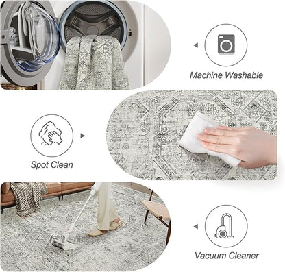 Soalmost 5x7 Area Rugs Grey Low Pile Indoor Washable Trendy Faded Style Floral Rugs for Bedroom Living Room Dining Room Foldable Non-Slip Thin Print Mat