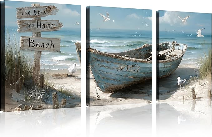 TutuBeer 3 Pcs Coastal Bathroom Canvas Wall Art Nautical Boat on Beach Canvas Picture Ocean Seagull Seascape Prints for Wall Sea Bird Farmhouse Artwork for Bedroom Living Room Decor Each Panel 12"x24"