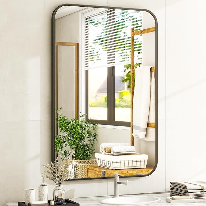 Easly 20 x 28 Inch Bathroom Mirror, Rounded Rectangular Vanity Mirror for Wall, Modern Mirror for Room Decor, Black Framed Wall-Mounted Mirrors for Home Decor, Hangs Horizontally or Vertically