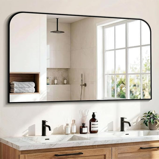 Bathroom Vanity Mirror for Wall, 50" x 30" Black Metal Framed Bathroom Mirror for Over Sink, Living Room, Bedroom, Entryway, Mantel, Fireplace Decor