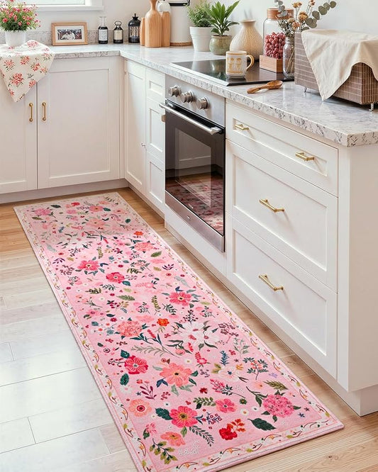 Macgace Pink Floral Runner Rug, 2.5x8 Flowers Printed Washable Rugs with Non Slip Backing for Girls Bedroom Kitchen Hallway, Cute Carpet Runners Home Aesthetic Decor