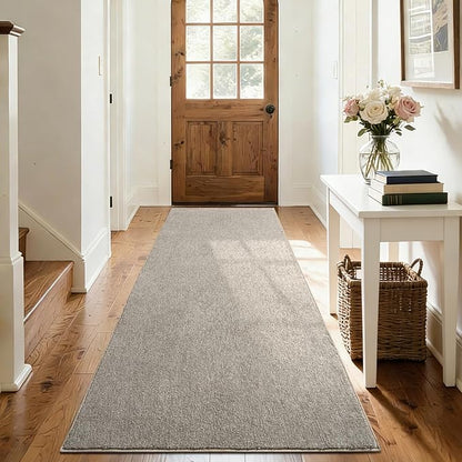 FinRèc 2x8 Washable Runner Rugs for Kitchen Hallway Bedroom, Low Pile Thin Rug Solid Color, Non-Slip Carpet Indoor for Home Decor (Greige/White)