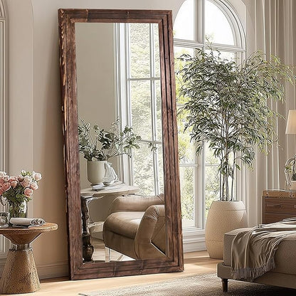 Full Length Wood Mirror 71x30 - Rustic Solid Wood Floor Mirror with Triple Layer Frame, HD Tempered Glass, Wall Mounted or Leaning Standing Mirror Vintage Brown Mirror for Bedroom Bathroom Living Room