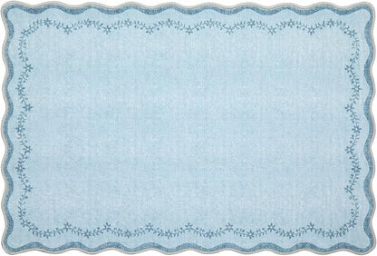 GarveeHome Valentines Scalloped Entryway Rug, 2x3 Solid Blue Washable Front Door Rug Indoor Entrance Floral Carpet Non-Slip Low Pile Throw Rugs for Kitchen, Powder Room, Entry, Bathroom, Kids Room