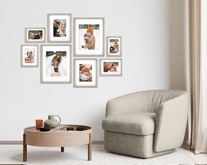 8 Piece Shadow Box Style Gallery Wall Frame Set – Deep Photo Frame Set with Mat for 8x10, 5x7 and 4x6 - Multiple Sizes Picture Frame Set for Wall Collage – Assorted Picture Frames for Wall (Gray)