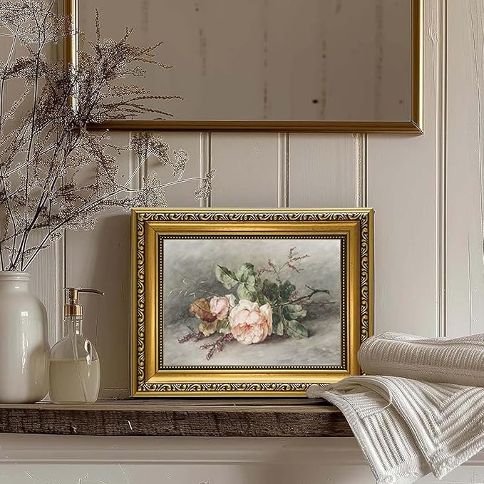 YD&YZY Gold Framed Vintage Wall Art Canvas Still Life Flower Pink Roses Farmhouse Print Art Retro Floral Wall Decor Rustic Cottagecor Painting Picture Print for Dining Room Bedroom 8x10 inch Small Framed