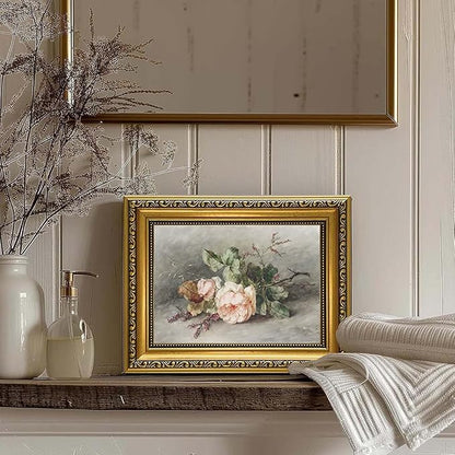 YD&YZY Gold Framed Vintage Wall Art Canvas Still Life Flower Pink Roses Farmhouse Print Art Retro Floral Wall Decor Rustic Cottagecor Painting Picture Print for Dining Room Bedroom 8x10 inch Small Framed