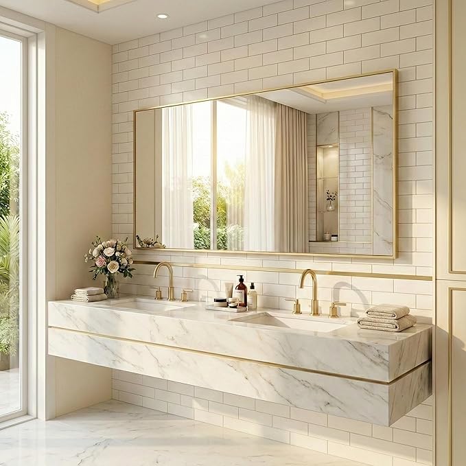 30" x 60" Gold Wall Mirror for Bathroom, 60" x 30" Extra Large Metal Framed Accent Decor, Horizontal Mirror for Dining Room & Double Vanity