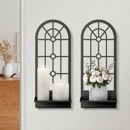 Wall Candle Holder, Black Boho Metal Wall Art Decor, Bohemian Line Wall Candle Holder for Living Room, Dining Room, Bedroom, Bathroom (16.5 x 7 in)
