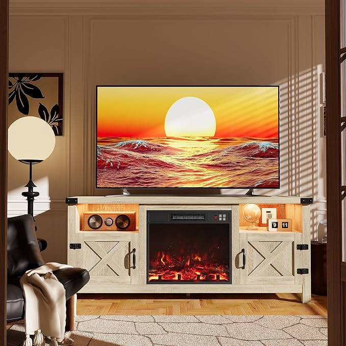 Furmax LED Entertainment Center with Fireplace, Fireplace TV Stand with Storage Cabinets and 2 Open Shelves, Modern Media TV Console for Living Room (Light Oak)