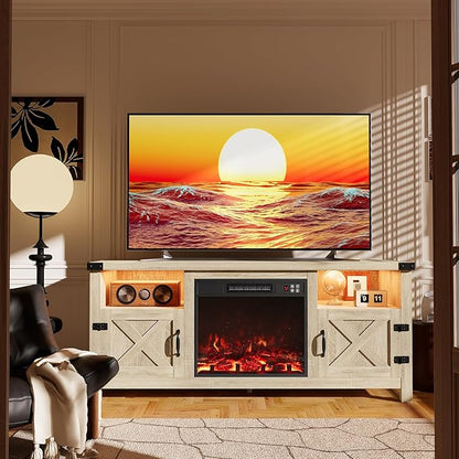Furmax LED Entertainment Center with Fireplace, Fireplace TV Stand with Storage Cabinets and 2 Open Shelves, Modern Media TV Console for Living Room (Light Oak)