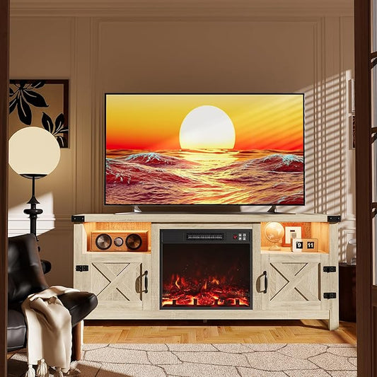 Furmax LED Entertainment Center with Fireplace, Fireplace TV Stand with Storage Cabinets and 2 Open Shelves, Modern Media TV Console for Living Room (Light Oak)