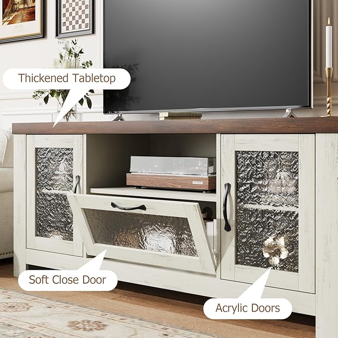 Farmhouse TV Stand for 60 Inch TVs, Wood Entertainment Center with Acrylic Door Storage Cabinets, Adjustable Shelves, Sturdy TV Console Table for Living Room Bedroom, Rustic White