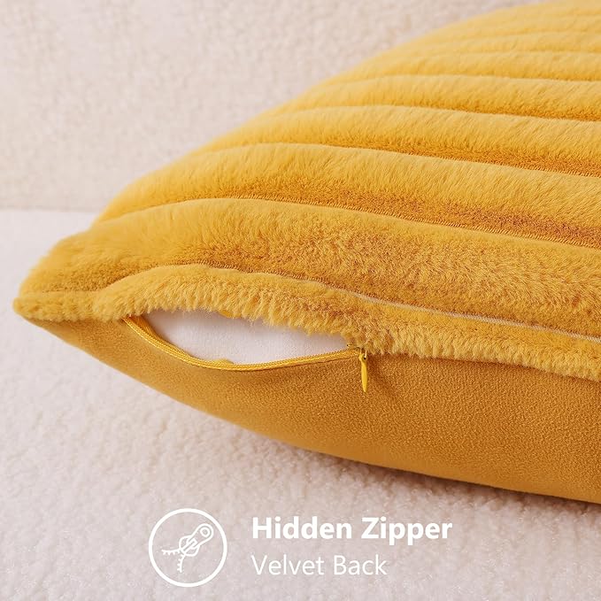 decorUhome Summer Cozy Faux Fur Throw Pillow Covers 20x20 Set of 2 Decorative Soft Plush Striped Modern Farmhouse Boho Couch Pillow Cases with Velvet Back for Sofa Bed Living Room, Mustard Yellow