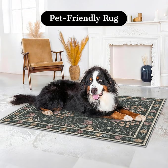 Entryway Rug 2x3 Washable Vintage Floral Rug Non Slip Low Pile Small Rugs, Floral Front Door Rugs for Entrance Kitchen Bedroom Laundry Bathroom Dark Grey