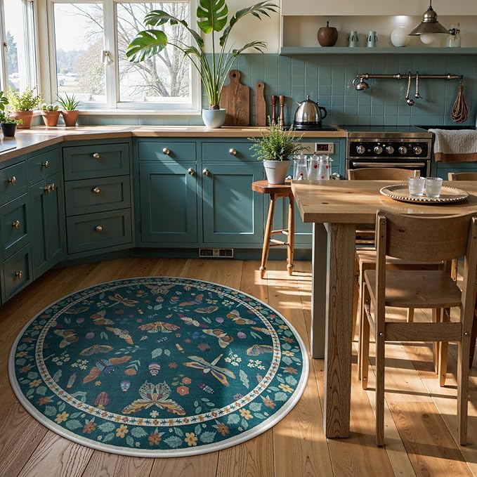 Lahome Insect Washable Round Rugs, Non-Slip Soft Round Rug 4ft Ultra-Thin, Small Boho Circle Carpet for Entryway Kitchen Bedroom Nursery Bathroom Vionnet, Dark Green