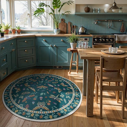 Lahome Insect Washable Round Rugs, Non-Slip Soft Round Rug 4ft Ultra-Thin, Small Boho Circle Carpet for Entryway Kitchen Bedroom Nursery Bathroom Vionnet, Dark Green