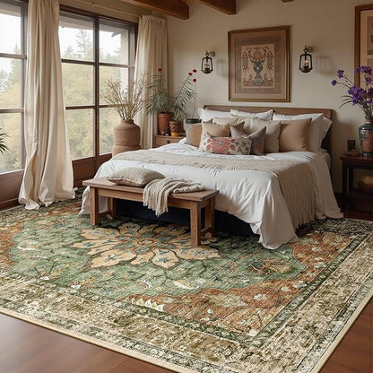 RELEANY Area Rugs 8'x10' Washable Non-Slip, Floral Vintage Distress Print Pattern Medallion Carpet for Living Room Bedroom Dining Room, Brick Red Rust Neutral Brown Burnt Orange Green