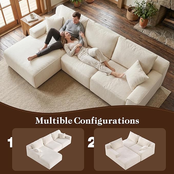 Homkdom L-Shaped Cloud Boneless Couch with Deep Seat, Modular Sectional Sofa with Oversized Chaise, 6 Layouts Combination for Living Room, Apartment, No Assembly (White Check, Left Facing Chaise)