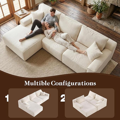 Homkdom L-Shaped Cloud Boneless Couch with Deep Seat, Modular Sectional Sofa with Oversized Chaise, 6 Layouts Combination for Living Room, Apartment, No Assembly (White Check, Left Facing Chaise)