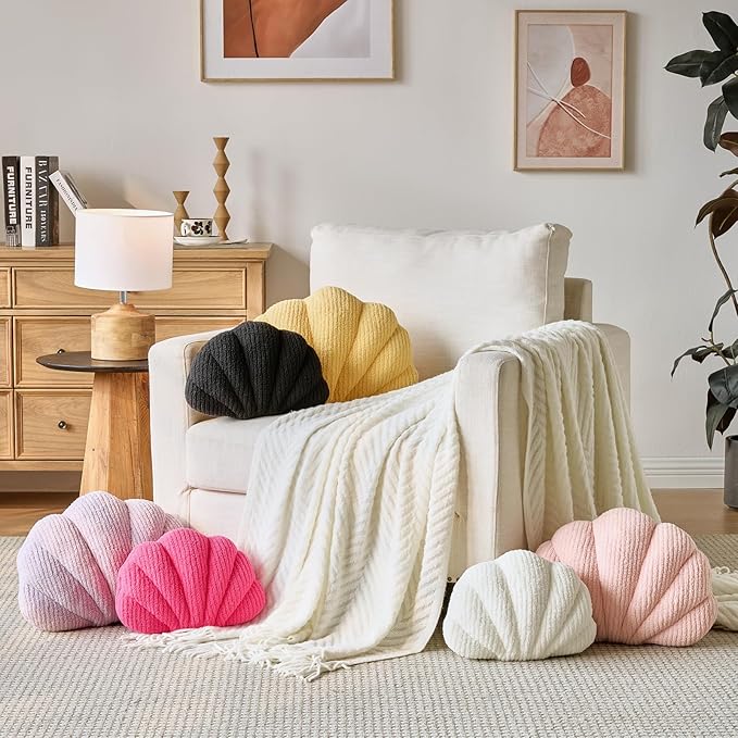 Shell Pillow, Soft Decorative Pillows for Bed Couch, Seashell Plush Throw Pillow Aesthetic Home Decor Cushion for Bedroom Living Room (Yellow, 18 X 13 Inches)