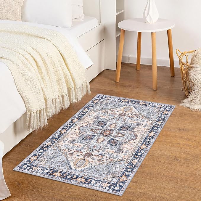 KOZYFLY Small Area Rug 2x3 Ft Rugs for Entryway Washable Boho Entry Rug Non Slip Door Mat Indoor Entrance Faux Wool Vintage Printed Kitchen Rug Throw Rugs for Entrance Kitchen, Blue Gray/Cream