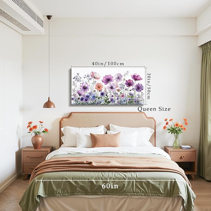 SERIMINO Large Wall Art, Floral Wall Art, Nature Wall Decor, Watercolor Purple Flowers Painting Prints, Botanical Canvas Pictures for Living Room Bedroom Bathroom Kitchen Rustic Farmhouse 20"x40"