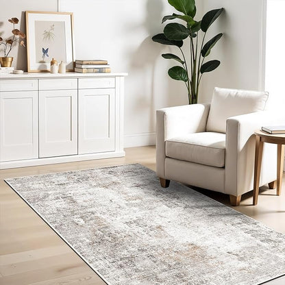 4x6 Washable Entryway Rug – Non-Slip Low-Pile Small Area Rug for Kitchen Bedroom Living Room Office – Modern Abstract Neutral Throw Carpet with Rubber Backing (Beige, Grey)