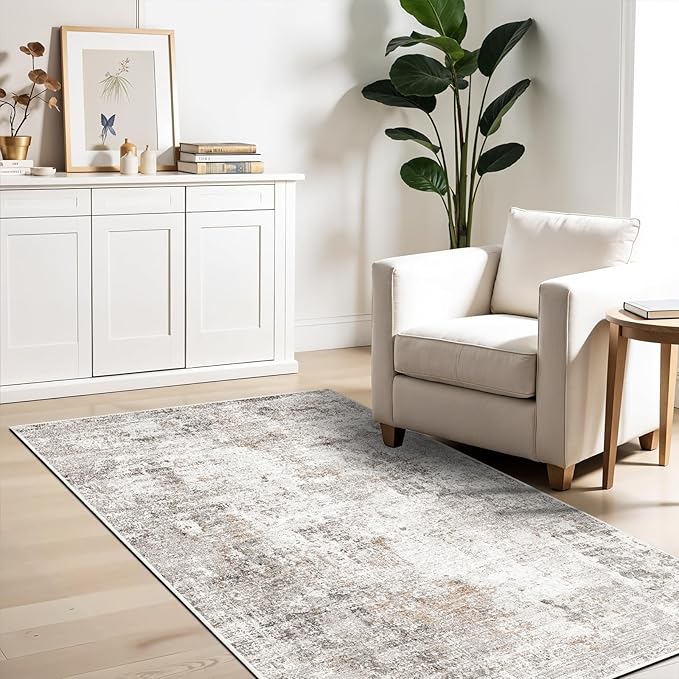 3x6 Washable Non-Slip Kitchen Runner Rug with Rubber Backing Modern Abstract Stain Resistant Floor Carpet Runner for Hallway, Entryway, Bedroom, Living Room - Beige/Grey/Brown