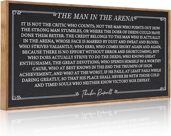 Aurlan The Man In The Arena Framed Canvas Wall Art(40"x20"), Rustic Motivational Inspirational Positive Gift for Teens, Large Theodore Roosevelt Speech Quotes Artwork Decor for Home Office Bedroom Dining Room