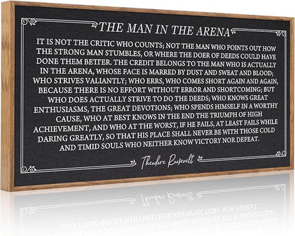 Aurlan The Man In The Arena Framed Canvas Wall Art(40"x20"), Rustic Motivational Inspirational Positive Gift for Teens, Large Theodore Roosevelt Speech Quotes Artwork Decor for Home Office Bedroom Dining Room