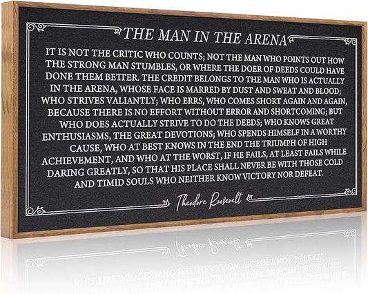 Aurlan The Man In The Arena Framed Canvas Wall Art(40"x20"), Rustic Motivational Inspirational Positive Gift for Teens, Large Theodore Roosevelt Speech Quotes Artwork Decor for Home Office Bedroom Dining Room